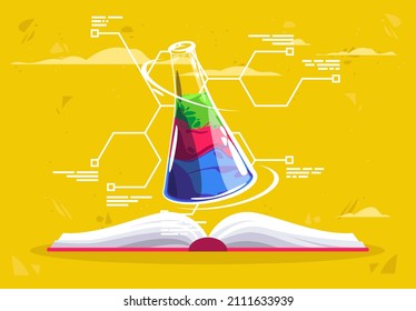 Ilustración vectorial del concepto de química docente, un libro abierto con un matraz de vidrio dentro de un líquido químico