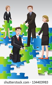 A vector illustration of the concept of a team of business people solving puzzle