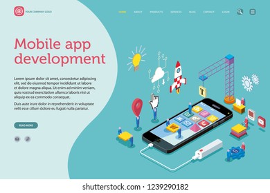 Vector illustration concept. A team work creatively together on mobile application; developers, seo, social network. Landing page template. Easy to edit and customize. Isometric vector illustration.