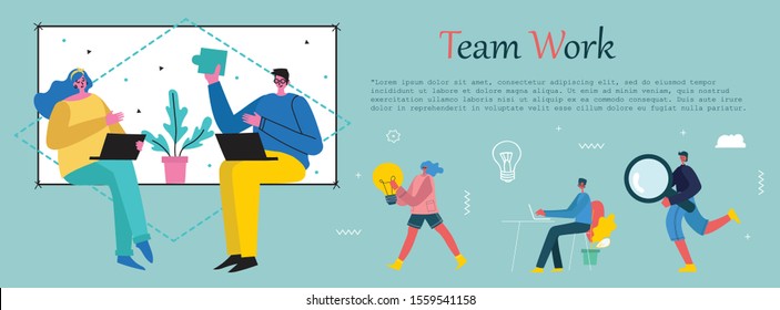 Vector illustration of concept of  Team work, Online education, Training, Workshops and scenes at office in flat design