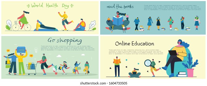 Vector Illustration Of Concept Of Team Work, Shopping, Online Education, Read The Books Design Backgrounds