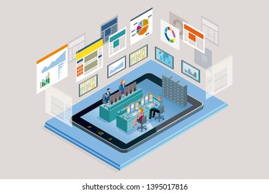 Vector illustration concept. A teamwork in a analytics and management company. The big screens sowing data, Infographics and numbers. Landing page design template. Vector illustration.