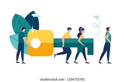 Vector illustration of the concept of teamwork. Businessman and entrepreneur go to the door with a key