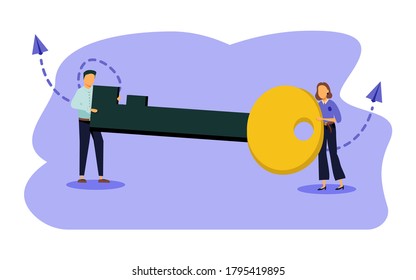 Vector illustration of the concept of teamwork. Businessman and entrepreneur go to the door with a key