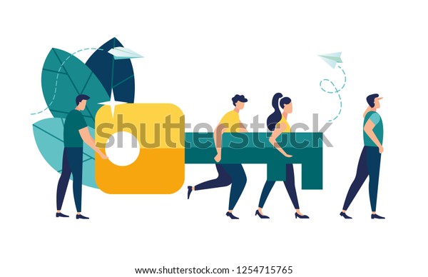 Vector\
illustration of the concept of teamwork. Businessman and\
entrepreneur go to the door with a\
key