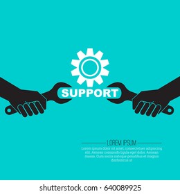 Vector illustration with the concept of technical support. Stylized hands with a spanner. Technical service.Flat design.