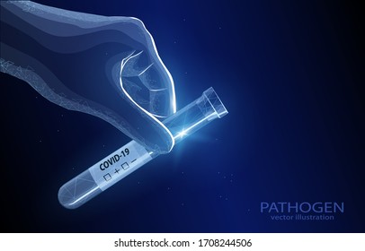 Vector illustration concept of test tube for virus in hand, on dark blue background, symbol of healthcare, medicine.