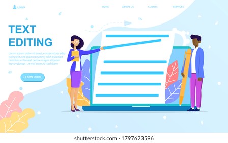 Vector illustration concept of text editing. Copywriter is writing and editing text works