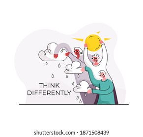 Vector illustration concept of thinking differently, ideas, discoveries, individuality, optimism, creativity. There are sad characters holding rain clouds in their hands, one happy person holding sun.