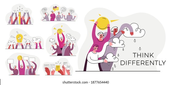 Vector illustration concept of thinking differently, ideas, discoveries, individuality, optimism, creativity. It depicts set, collection subjects people, abstract symbols, light bulb, documents etc