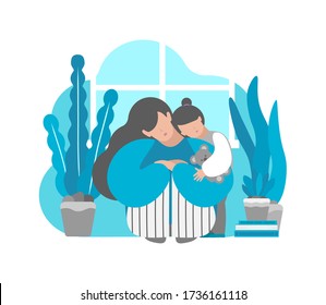 Vector illustration concept with tired sad lonely mother. Daughter hugs her. Postpartum depression, emotional stress and anxiety in isolation at home.  Difficulties of motherhood to keep mental health