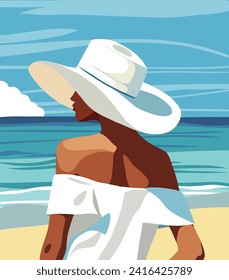 Turismo de concepto de ilustración vectorial, vacaciones. Mujer de vacaciones vestida de blanco, traje de baño y sombrero caminando por la playa. Vista posterior de la mujer