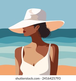 Turismo de concepto de ilustración vectorial, vacaciones. Hermosa mujer de vacaciones en un sombrero frente al mar del océano. Turista con traje blanco en los trópicos