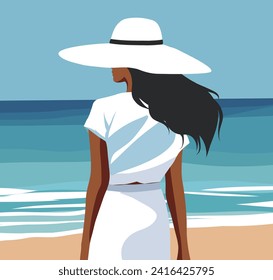 Turismo de concepto de ilustración vectorial, vacaciones. Mujer en la playa. Pasee por la playa. Vista trasera de una mujer vestida con un traje y un sombrero a orillas del mar