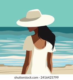 Vector illustration concept tourism, vacation. Woman on the beach. Walk along the beach. Rear view of woman in dress and hat walking on the beach