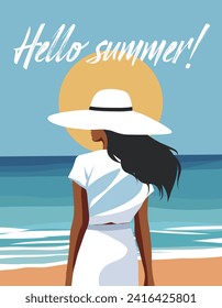 Turismo de concepto de ilustración vectorial, vacaciones. Lugar para el texto Hola verano. Mujer en la playa. Pasee por la playa. Vista trasera de una mujer vestida con un traje y un sombrero a orillas del mar