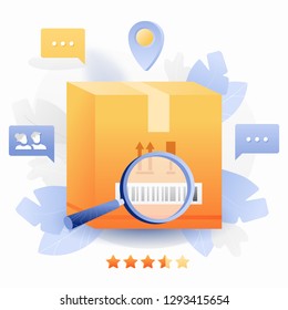 Vector illustration concept of tracking package. Big package box, magnifying glass in modern flat gradient style.