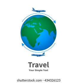 Vector illustration of the concept of travel. Flying on a plane. Trip around the world. Isolated on white background. Icon logo air travel. Traveling across the world. Journey around the Earth.