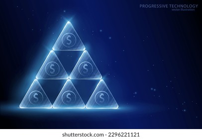 
Vektorgrafik-Konzept, Dreiecksblöcke mit einem in eine Pyramide eingebauten Dollarzeichen, symbolisiert ein Unternehmen, finanziellen Erfolg, Gewinnwachstum, Akkumulation, Betrug, finanzielle Pyramide.