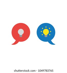 Vector illustration concept of two speech bubbles with grey and glowing light bulbs.