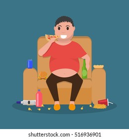 Vector illustration concept unhealthy lifestyle, human laziness. Cartoon fatty husband sitting on couch and eat junk food. Fat man obese on sofa, armchair. Flat style. Harmful food for health.