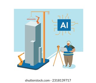 Vector Illustration of the Concept of Using AI and Robots in Architectural Design