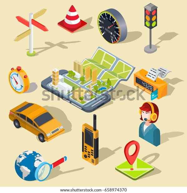 Vector\
illustration of the concept using the mobile application of the\
global positioning system. Image of a smartphone with a paper map\
unfolded from it, map with 3D houses,\
car