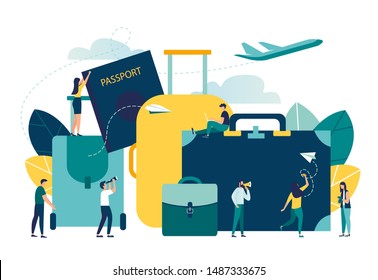 vector illustration, concept of vacation planning, business trip, trip, suitcase and tourism set, hand luggage, travel, tour