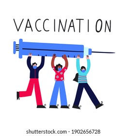 vector illustration - concept of vaccine and vaccination against coronavirus.Group of people carry a syringe.Fighting the virus. Doctors and nurses protect.Isolated on white back - Flat style 2021