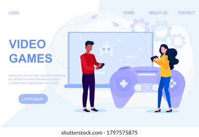 Vector illustration concept of video game. Man and woman playing virtual games on joystick