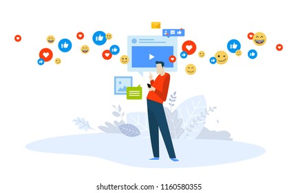 Vector illustration concept of video marketing, live streaming. Creative flat design for web banner, marketing material, business presentation, online advertising.