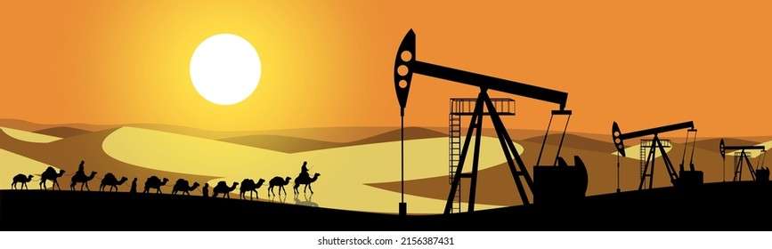 Vector illustration concept, view of the silhouettes of oil pumps and a caravan of camels on the background of the desert and the sun, landscape, nature, business, industry, finance.