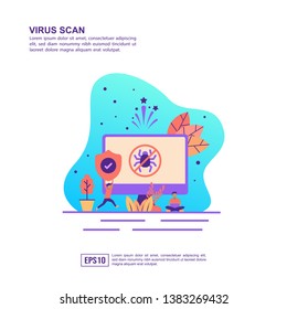 Vector illustration concept of virus scan.Computer virus scanning and protection, antivirus, firewall, file scanning, phone and email checking. for banner, flyer, promotion, marketing material, online