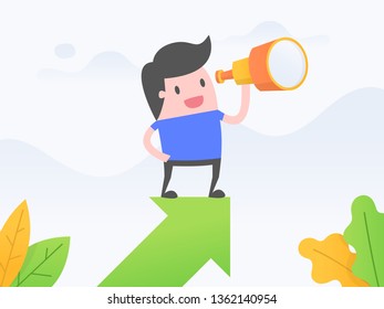 Vector illustration concept of vision. Businessman standing on growth arrow and looking through a telescope.