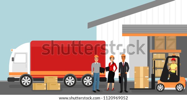 Vector illustration of concept of\
warehouse with workers, logistics concept. Delivery and\
transportation of goods, machine, car in flat cartoon\
style.