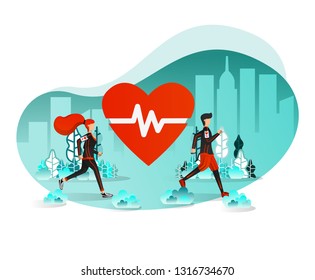 Vector Illustration Concept For Web Element, UI, Brochure, Banner. Couple Exercising Outdoor Running or Jogging in the Middle of City Park Cardio Activity For Heart Health. With Flat Cartoon Character
