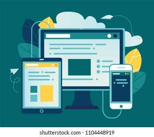 Vector illustration, concept of web page design and development of mobile websites, applications, information transmission via wires vector