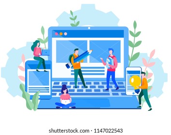 vector illustration Concept for web page, banner, presentation, social media, documents, cards, posters.web page design and development of mobile websites, people are working 