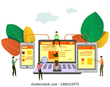  vector illustration of the concept of web page design and development of mobile websites, small people are working on creating a website, applications, transferring information.