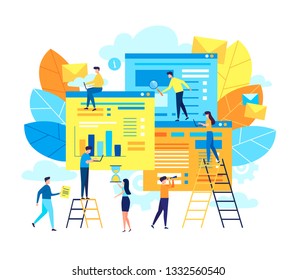 Vector illustration of the concept of web page design and development of mobile websites, small people are working on creating a website, applications, transferring information via the internet