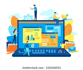 Vector illustration, the concept of web page design and development of mobile websites, small people are working on creating a website on a laptop, for applications, transferring information