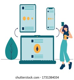 Vector illustration, vector illustration of the concept of web page design and development of mobile websites, girl is working on creating a website, applications, transferring information