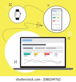Vector illustration, vector, illustration of the concept of web page design and development of mobile websites. Doing business in a laptop, phone, watch.