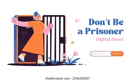 Vector illustration concept of web page design for website and mobile website development. Landing page.Digital Detox Concept. Social media Detox. Life without gadgets. Internet addiction. Prisoner.