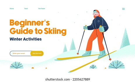 Vector illustration concept of web page design for website and mobile website development. Landing page.  A young girl is skiing. Beginner.