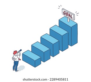 Vector illustration of a concept in which business man search for and find goals to challenge step-by-step growth