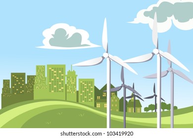 A vector illustration of a concept of wind turbines powering the city
