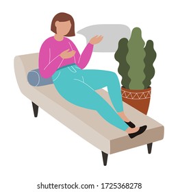 Vector illustration, concept of a woman patient lying on a couch. Psychotherapy session, consultation with a psychologist, mental health, depression, problem. Flat style, trending colors.