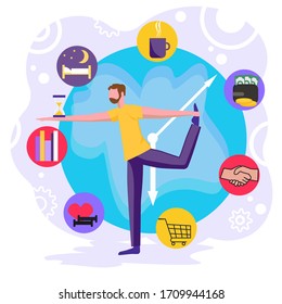 Vector illustration of the concept of work time management and work balance, of or planner, Effective management. Young man doing yoga with multitask on the clock background. Flat vector illustration.