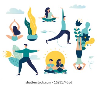 Vector illustration,  vector, concept of working hours meditation, break, steam yoga, health benefits of the body, mind and emotions, thought process